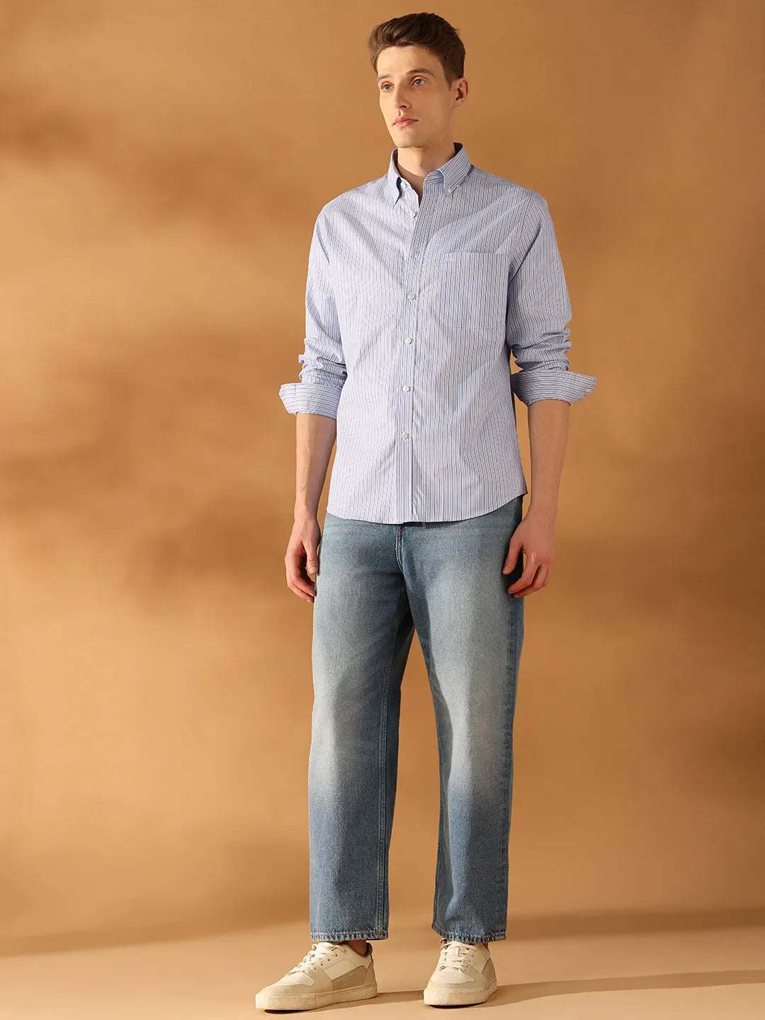 Blue Regular Fit Stripes Formal Shirt for Men (OVULO)