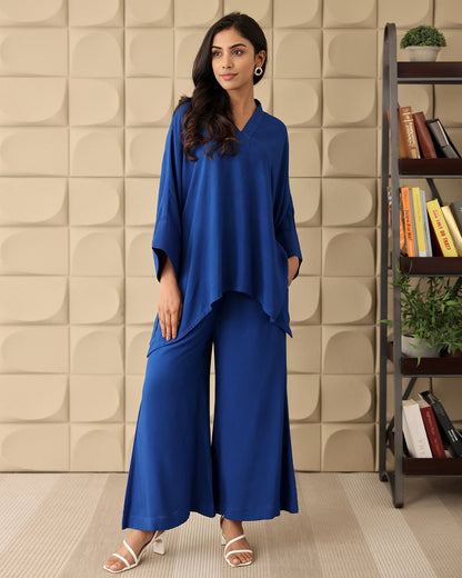V-NECK BLUE RAYON CO-ORD SET