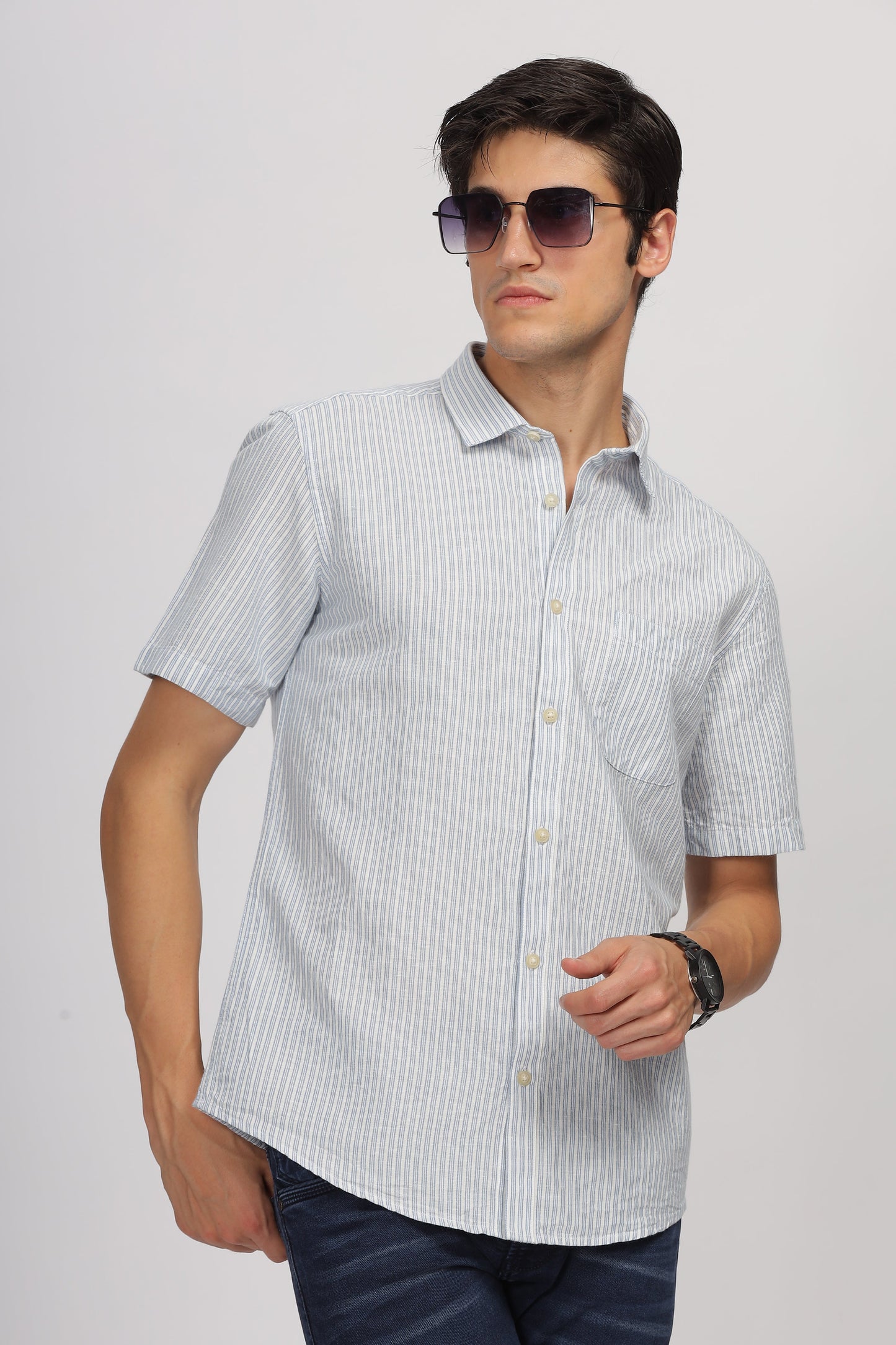 Uri Half Sleeve Linen Striped Shirt Uri