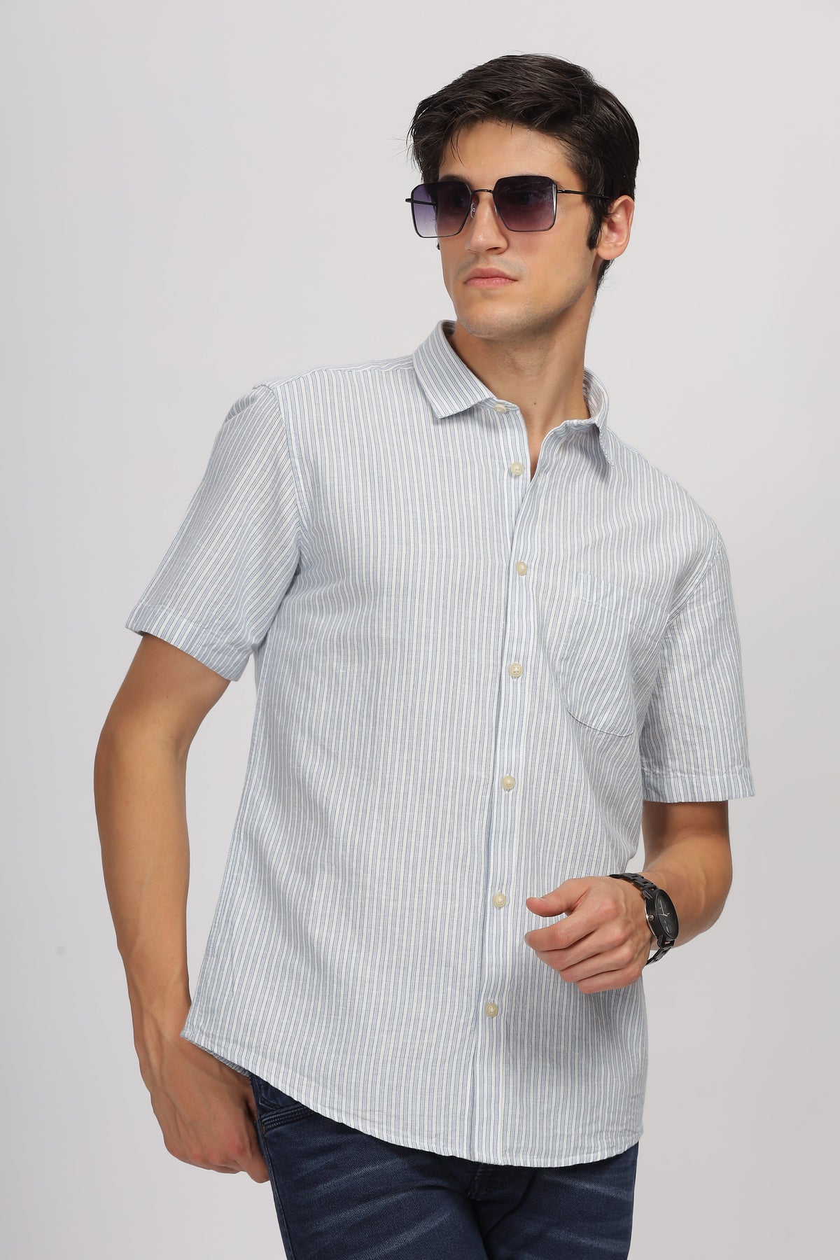 Uri Half Sleeve Linen Striped Shirt Uri