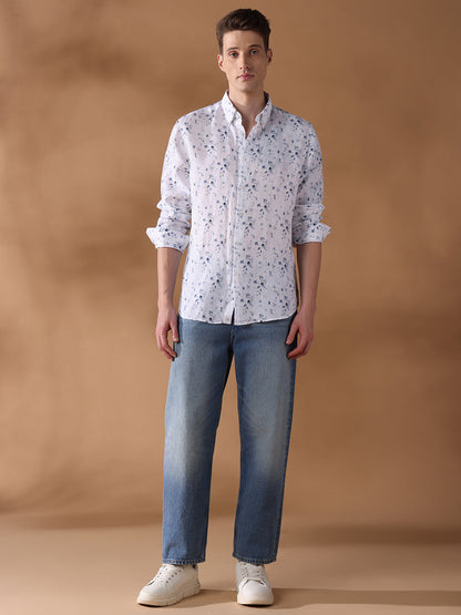 Navy Regular Fit Printed Casual Shirt for Men (LION)