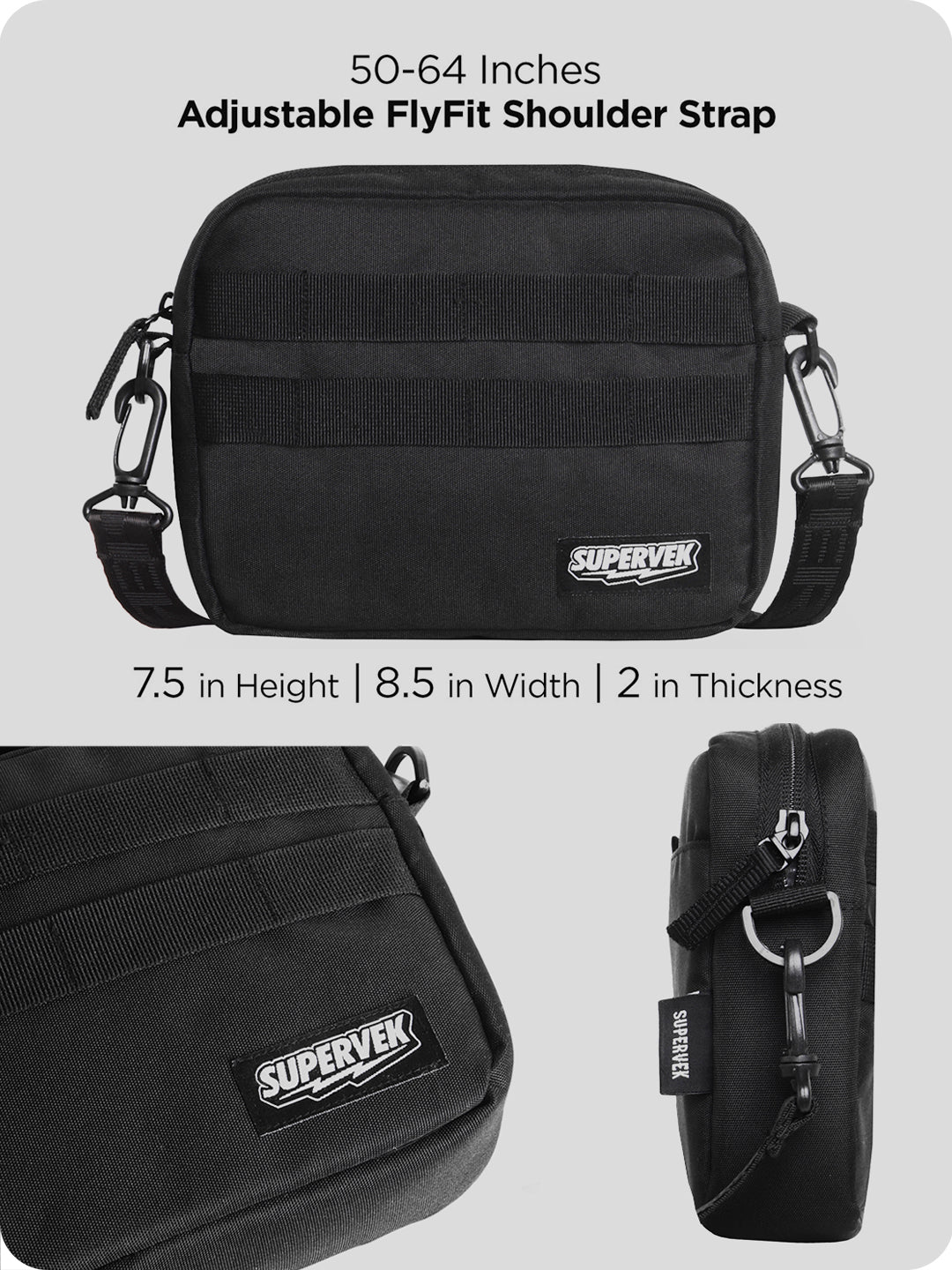Supervek "Messenger" bag back view and side profile, 7.5 x 8.5 inches with adjustable FlyFit shoulder strap