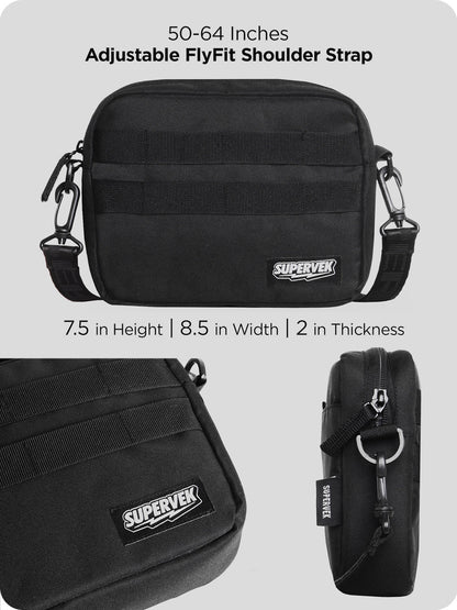 Supervek "Messenger" bag back view and side profile, 7.5 x 8.5 inches with adjustable FlyFit shoulder strap