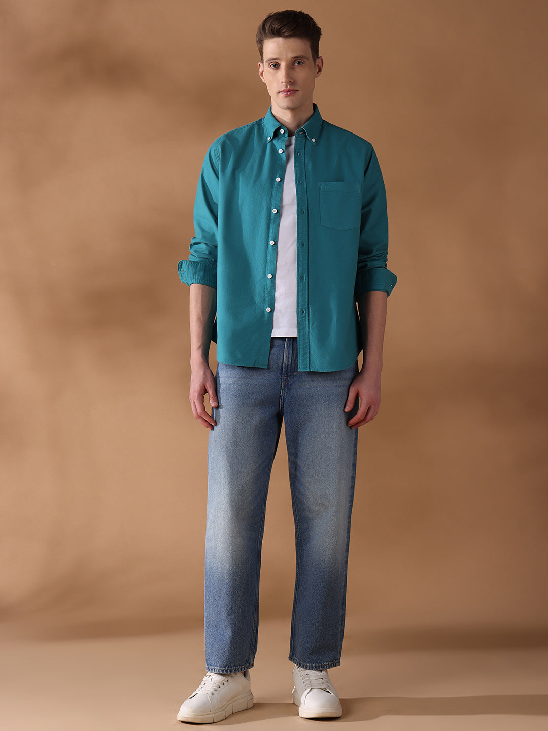 Teal Blue Regular Fit Solid Casual Shirt for Men (OWEN)