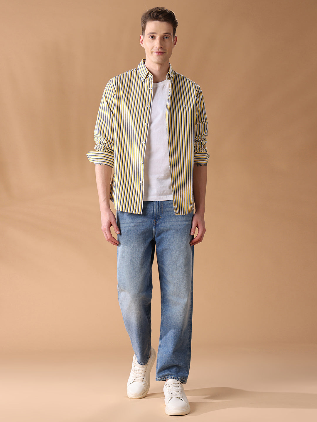 Yellow Regular Fit Striped Casual Shirt for Men (DIGEO)
