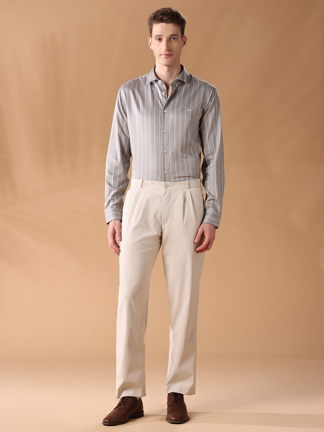Grey Regular Fit Striped Formal Shirt for Men (FIANA)