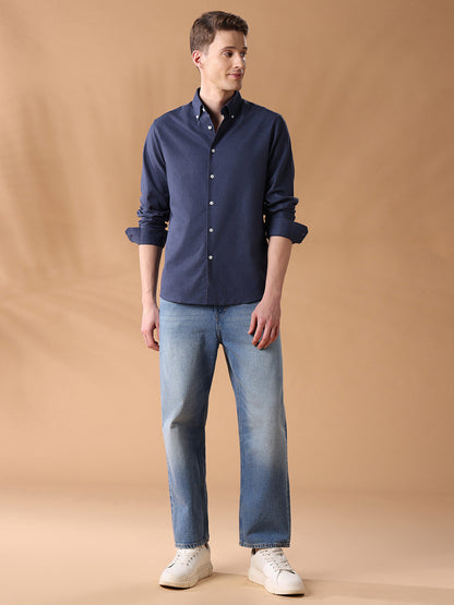 Navy Regular Fit Solid Casual Shirt for Men (CORDO)
