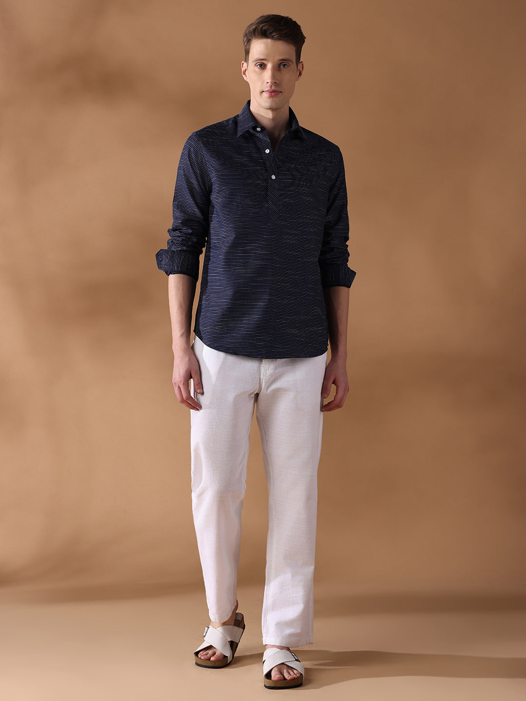 Navy Blue Regular Fit Stripes Casual Shirt for Men (LESSA)