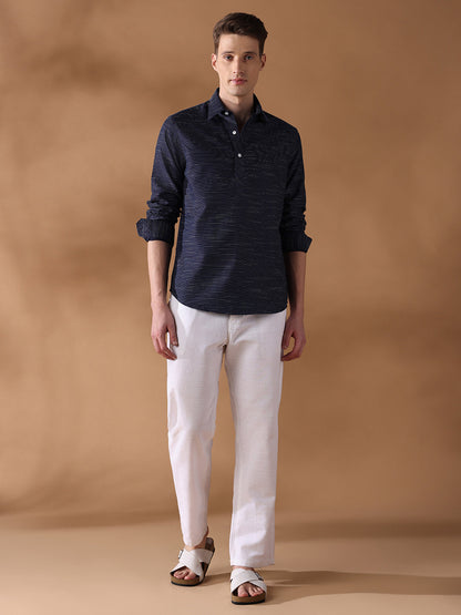 Navy Blue Regular Fit Stripes Casual Shirt for Men (LESSA)