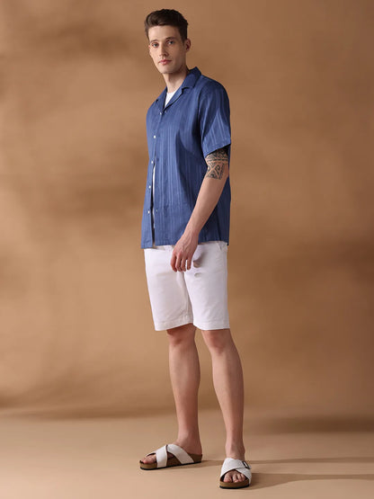 Navy Blue Regular Fit Stripes Casual Shirt for Men (NAZAR)