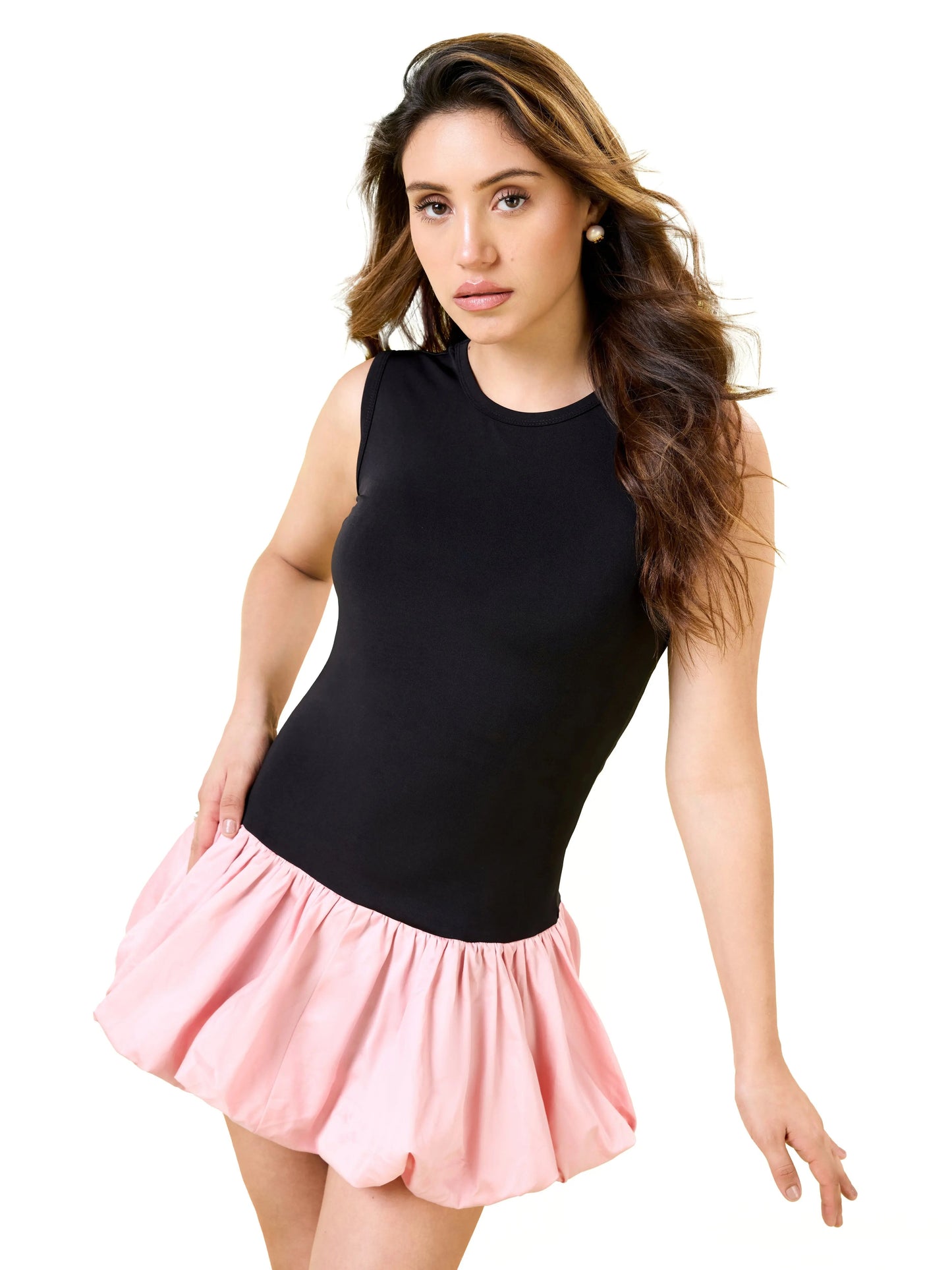Black rose Round Neck Bubble Mini Dress Zumee