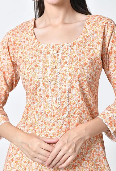 Jaipuri Round Neck Women's Tunic Design Kurta-Orange