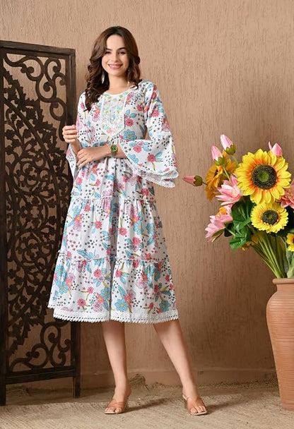LIBOZA 100% Cotton Floral Print Tiered Midi Dress, Bell Sleeves, Lace Trim Detail, White and Multicolour for Women, Office, Party, All Occassions