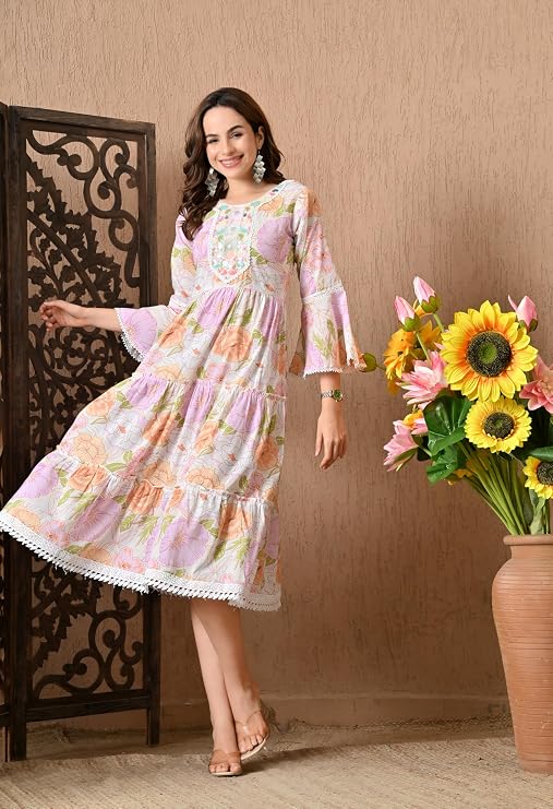 LIBOZA 100% Cotton Floral Print Tiered Midi Dress, Bell Sleeves, Lace Trim Detail, White and Multicolour for Women, Office, Party, All Occassions