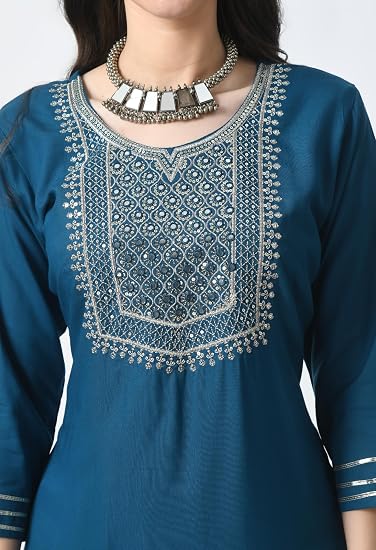 Embroidered Straight Design Kurtis for Woman-Petrol Blue