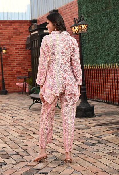 LIBOZA Women's Floral Print Cotton Angrakha Kurta with Pant Set – Stylish Ethnic Wear for All Occasions, Comfortable & Trendy Design