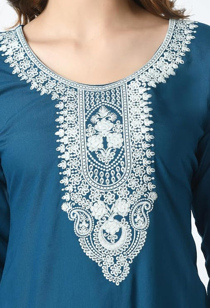 LIBOZA Short Kurti for Women – Lakhnowi Chikankari Embroidered Ladies Kurta, Stylish Girls Top, Ethnic Half Kurtas, Tunic Design Woman Kurtis Petrol Blue