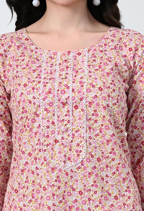 LIBOZA Short Kurti for Women for Jeans, Pure Cotton Kurtis for Ladies, Jaipuri Round Neck Women's Tunic Design Kurta, Fancy Top Floral Kurtas & Tunics for Woman