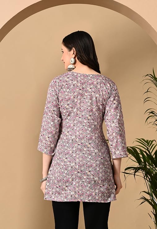 LIBOZA Cotton Short Kurti for Women Round Shape, Stylish Womens Kurtis Tunics Woman Kurta on Jeans | Shorts Tops Kurthis Top
