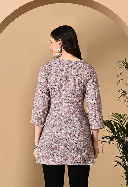 LIBOZA Cotton Short Kurti for Women Round Shape, Stylish Womens Kurtis Tunics Woman Kurta on Jeans | Shorts Tops Kurthis Top