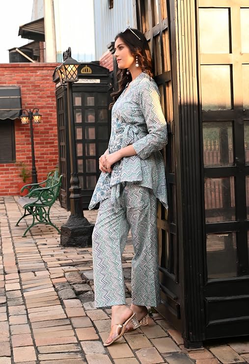 LIBOZA Women's Floral Print Cotton Angrakha Kurta with Pant Set – Stylish Ethnic Wear for All Occasions, Comfortable & Trendy Design