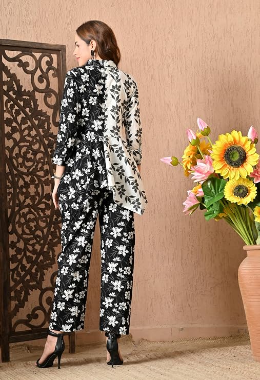 LIBOZA Women's Floral Print Cotton Angrakha Kurta with Pant Set – Stylish Ethnic Wear for All Occasions, Comfortable & Trendy Design