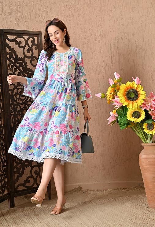 LIBOZA 100% Cotton Floral Print Tiered Midi Dress, Bell Sleeves, Lace Trim Detail, White and Multicolour for Women, Office, Party, All Occassions
