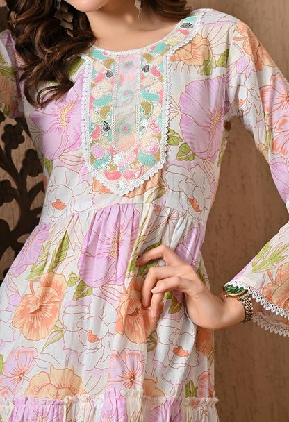LIBOZA 100% Cotton Floral Print Tiered Midi Dress, Bell Sleeves, Lace Trim Detail, White and Multicolour for Women, Office, Party, All Occassions