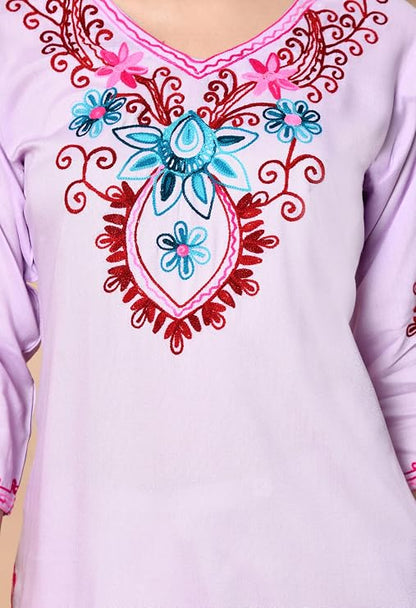 LIBOZA Embroidered Kashmiri Tunic Top, Short Kurti for Women on Jeans, V-Neck, 3/4 Sleeve, Floral Design,