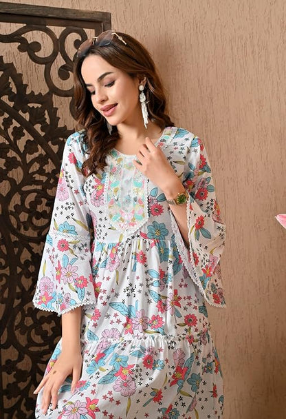 LIBOZA 100% Cotton Floral Print Tiered Midi Dress, Bell Sleeves, Lace Trim Detail, White and Multicolour for Women, Office, Party, All Occassions