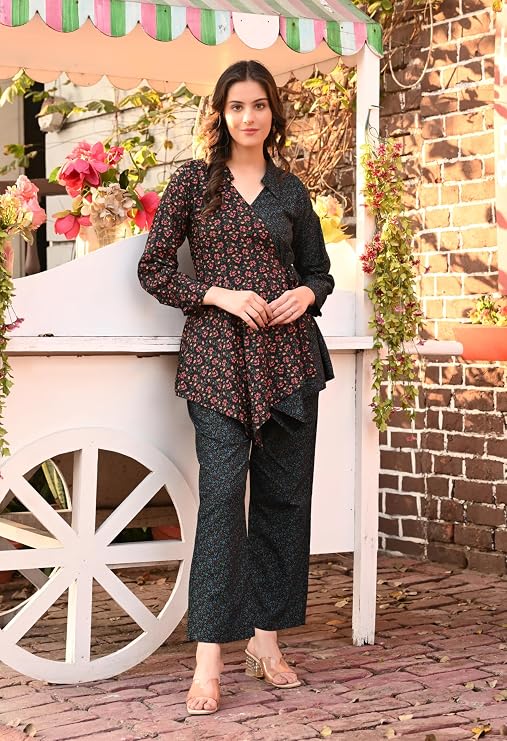 LIBOZA Women's Floral Print Cotton Angrakha Kurta with Pant Set – Stylish Ethnic Wear for All Occasions, Comfortable & Trendy Design
