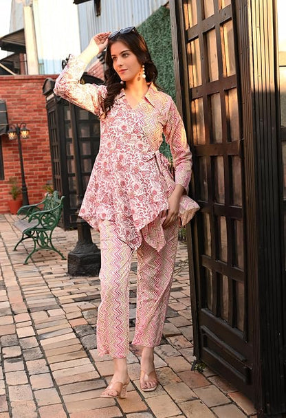 LIBOZA Women's Floral Print Cotton Angrakha Kurta with Pant Set – Stylish Ethnic Wear for All Occasions, Comfortable & Trendy Design