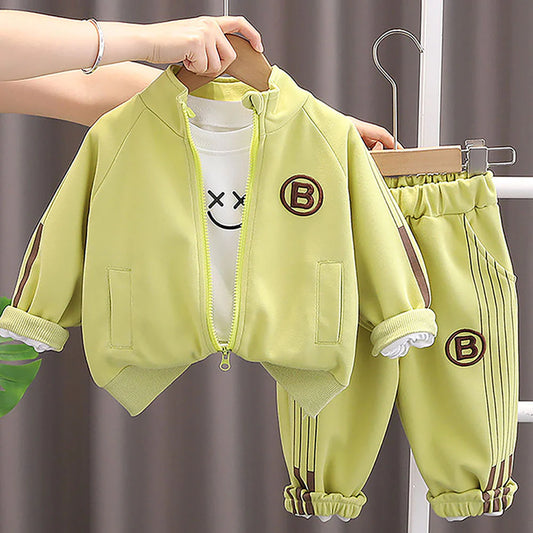 Light Green Letter B Monogram 3 Pcs Track Suit Set For Toddlers And Kids