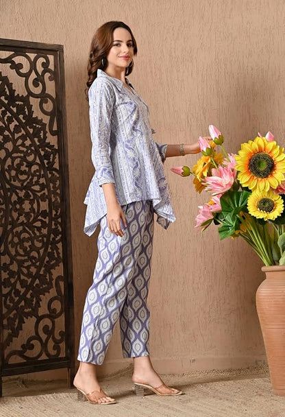 LIBOZA Women's Floral Print Cotton Angrakha Kurta with Pant Set – Stylish Ethnic Wear for All Occasions, Comfortable & Trendy Design