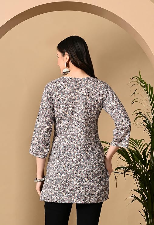LIBOZA Cotton Short Kurti for Women Round Shape, Stylish Womens Kurtis Tunics Woman Kurta on Jeans | Shorts Tops Kurthis Top
