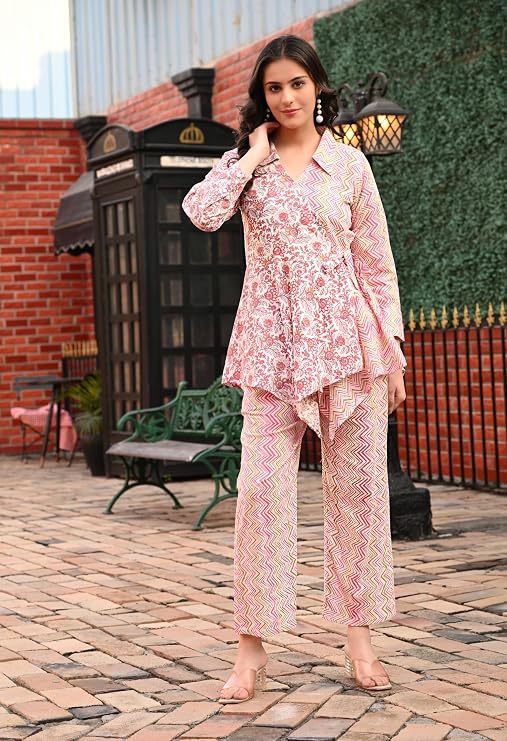 LIBOZA Women's Floral Print Cotton Angrakha Kurta with Pant Set – Stylish Ethnic Wear for All Occasions, Comfortable & Trendy Design