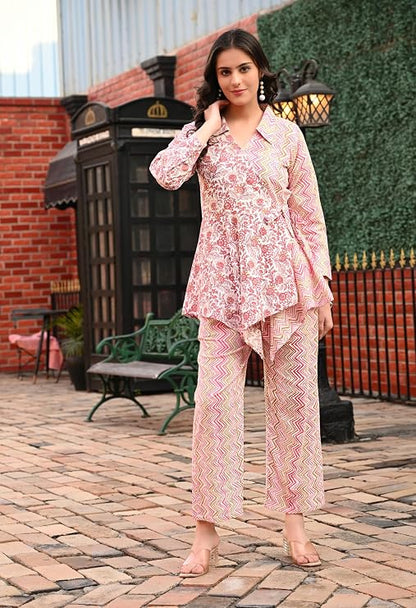 LIBOZA Women's Floral Print Cotton Angrakha Kurta with Pant Set – Stylish Ethnic Wear for All Occasions, Comfortable & Trendy Design