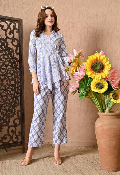 LIBOZA Women's Floral Print Cotton Angrakha Kurta with Pant Set – Stylish Ethnic Wear for All Occasions, Comfortable & Trendy Design
