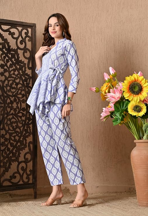 LIBOZA Women's Floral Print Cotton Angrakha Kurta with Pant Set – Stylish Ethnic Wear for All Occasions, Comfortable & Trendy Design