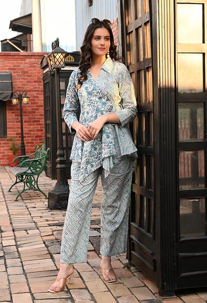 LIBOZA Women's Floral Print Cotton Angrakha Kurta with Pant Set – Stylish Ethnic Wear for All Occasions, Comfortable & Trendy Design