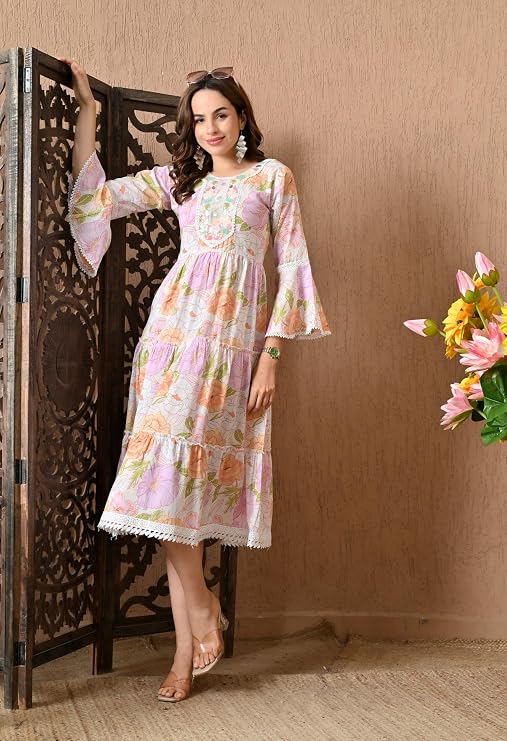 LIBOZA 100% Cotton Floral Print Tiered Midi Dress, Bell Sleeves, Lace Trim Detail, White and Multicolour for Women, Office, Party, All Occassions