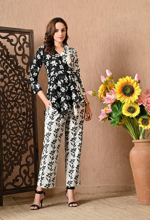 LIBOZA Women's Floral Print Cotton Angrakha Kurta with Pant Set – Stylish Ethnic Wear for All Occasions, Comfortable & Trendy Design