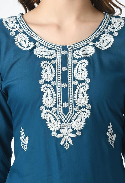 LIBOZA Kurta for Women – Embroidered Ladies Kurti, Stylish Girls Top, Ethnic Full Kurtas, Straight Design Kurtis for Woman Petrol Blue