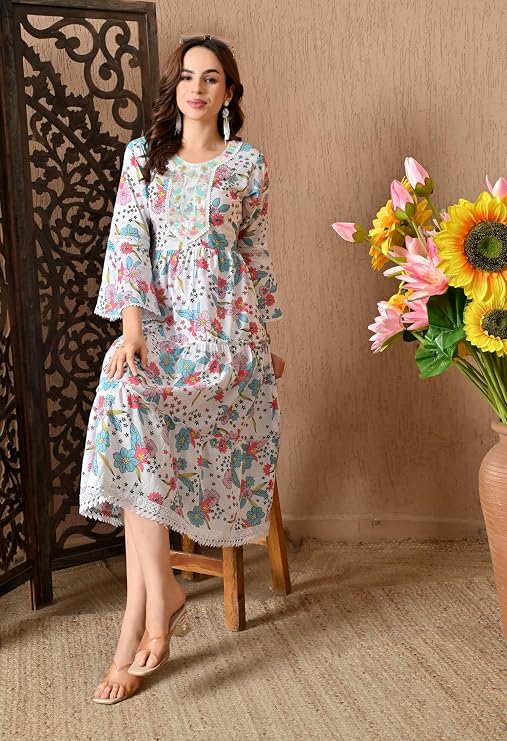 LIBOZA 100% Cotton Floral Print Tiered Midi Dress, Bell Sleeves, Lace Trim Detail, White and Multicolour for Women, Office, Party, All Occassions