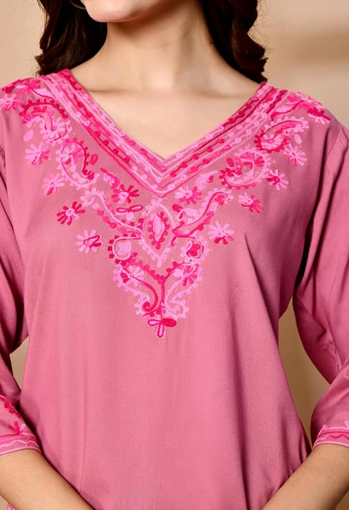 LIBOZA Embroidered Kashmiri Tunic Top, Short Kurti for Women on Jeans, V-Neck, 3/4 Sleeve, Floral Design,