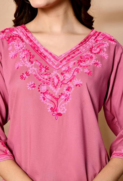 LIBOZA Embroidered Kashmiri Tunic Top, Short Kurti for Women on Jeans, V-Neck, 3/4 Sleeve, Floral Design,