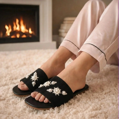 The Luna Grace Pearl Black Embellished Flats Rettrose
