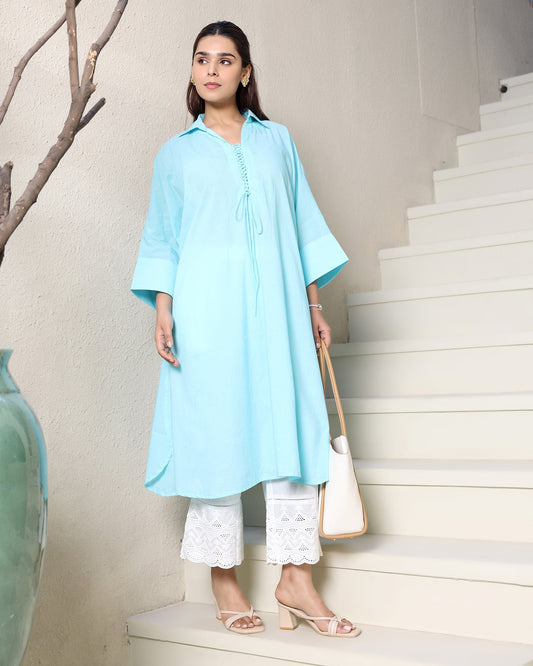 A-line Sky Blue Cotton Kurta