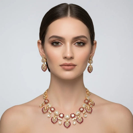 Gold Kundan Ruby Stone Bridal Necklace And Earrings Set For Women