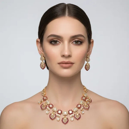 Gold Kundan Ruby Stone Bridal Necklace And Earrings Set For Women